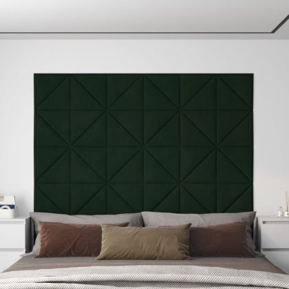 Стенни панели, 12 бр, тъмнозелени, 30x30 см, кадифе, 0,54 м²