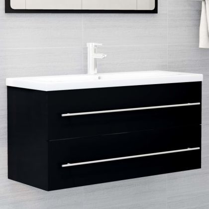 Шкаф за баня с вградена мивка, черен, инженерно дърво