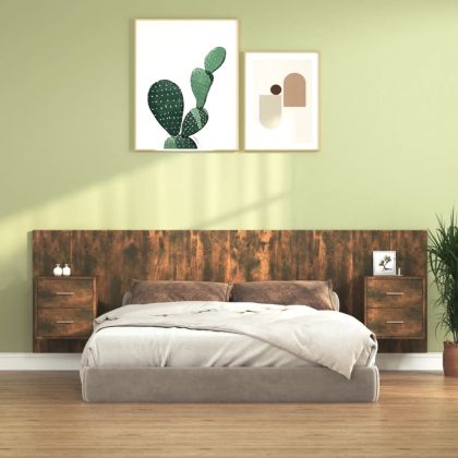 Горна табла за легло с шкафчета, опушен дъб, инженерно дърво