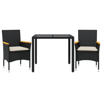 Градински комплект 3 части с възглавници черен полиратан/стъкло
