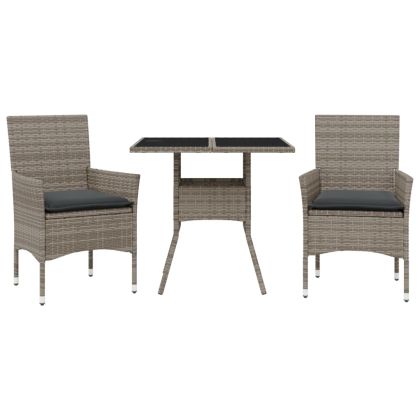 Градински комплект с възглавници 3 части сив полиратан и стъкло