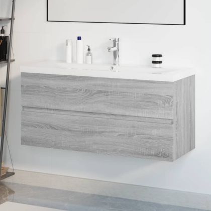 Шкаф за мивка с вградена мивка, сив сонома, инженерно дърво