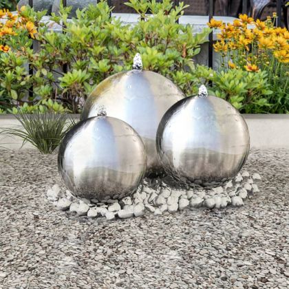 Градински сфери за фонтан с LED, 3 бр, неръждаема стомана