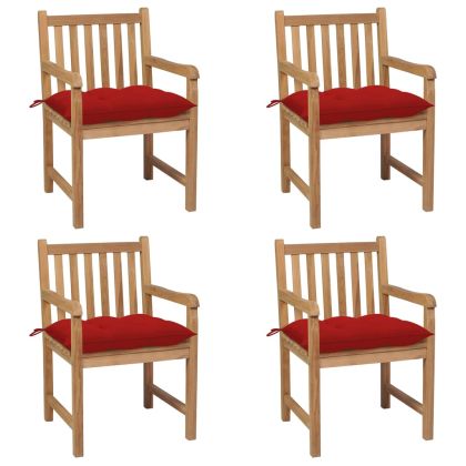Градински столове, 4 бр, червени възглавници, тик масив
