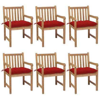 Градински столове, 6 бр, червени възглавници, тик масив