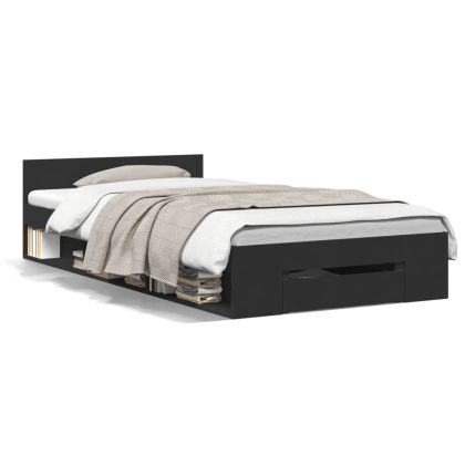 Рамка за легло с чекмедже, черна, 90x200 см, инженерно дърво