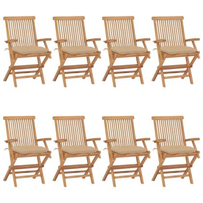 Градински столове с бежови възглавници 8 бр тик масив