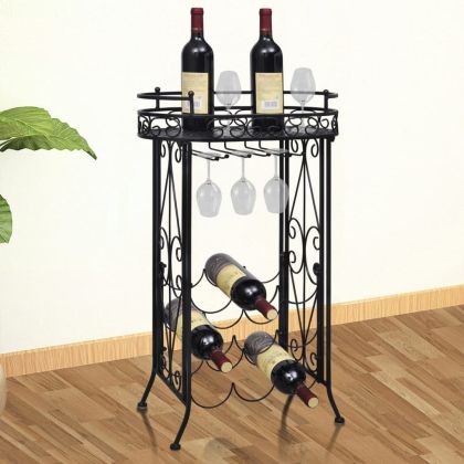 Метална стойка за вино с табла и поставки за чаши - 9 бутилки