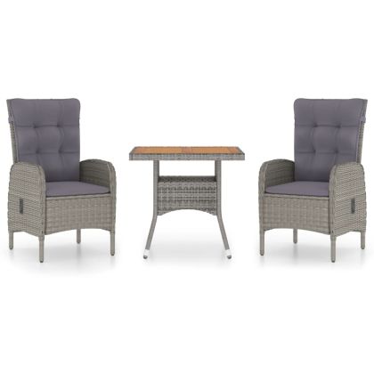 Градински трапезен комплект, 3 части, полиратан и акация, сив