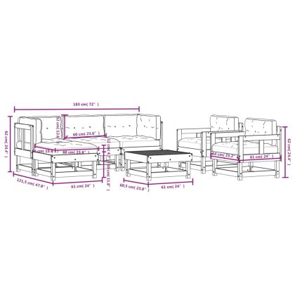 Градински лаундж комплект 7 части с възглавници бял бор масив