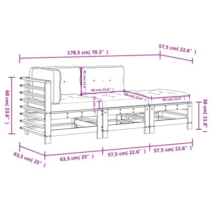Градински лаундж комплект с възглавници, 3 части, дърво масив