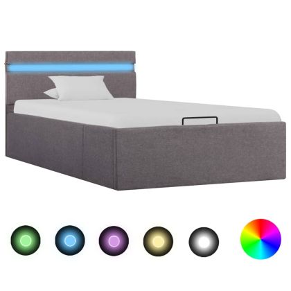 Легло с повдигащ механизъм с LED, таупе, текстил, 90x200 см