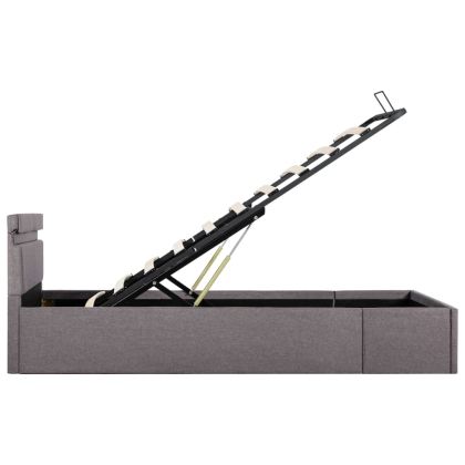 Легло с повдигащ механизъм с LED, таупе, текстил, 90x200 см