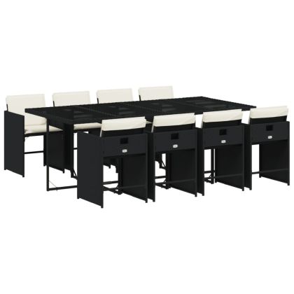 Градински трапезен комплект възглавници 9 части черен полиратан