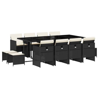 Външен трапезен комплект 13 части с възглавници черен полиратан