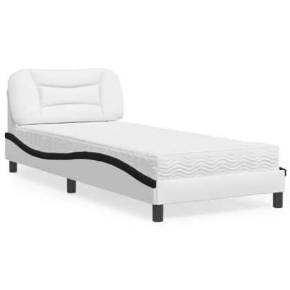 Легло с матрак, бяло и черно, 90x190 см, изкуствена кожа