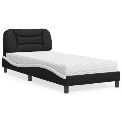 Легло с матрак, черно и бяло, 90x190 см, изкуствена кожа