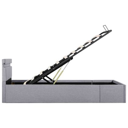 Легло с повдигащ механизъм и LED светлосиво текстил 90x200 см