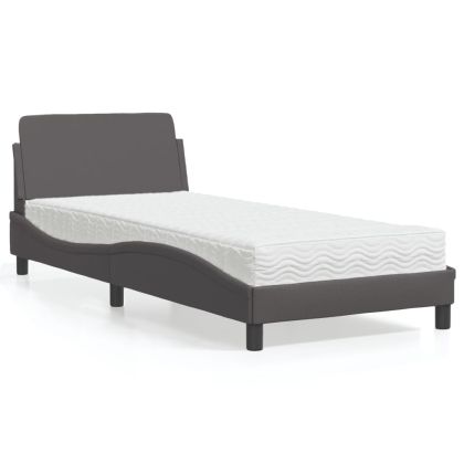 Легло с матрак, сиво, 90x200 см, изкуствена кожа