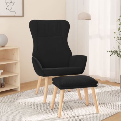 Релаксиращ стол с табуретка, черна, текстил