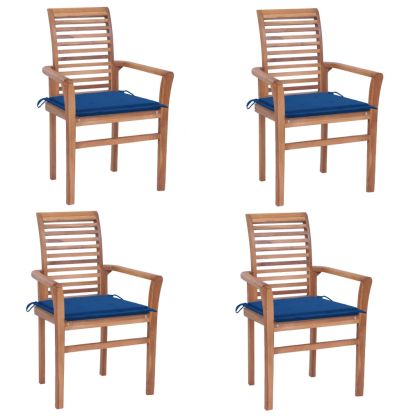 Трапезни столове, 4 бр, кралско сини възглавници, тик масив
