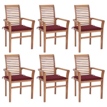Трапезни столове 6 бр с виненочервени възглавници тик масив