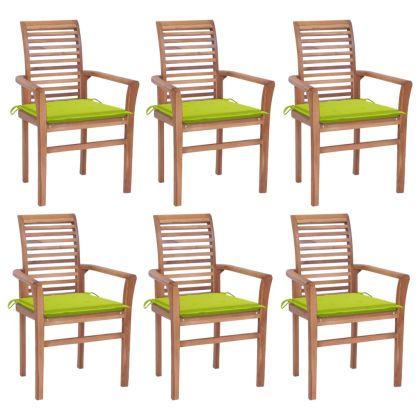 Трапезни столове, 6 бр, с яркозелени възглавници, тик масив