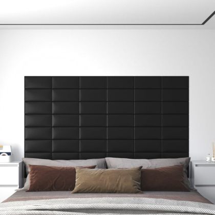 Стенни панели, 12 бр, черни, 30x15 см, изкуствена кожа, 0,54 м²