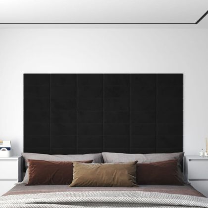 Стенни панели, 12 бр, черни, 30x15 см, кадифе, 0,54 м²