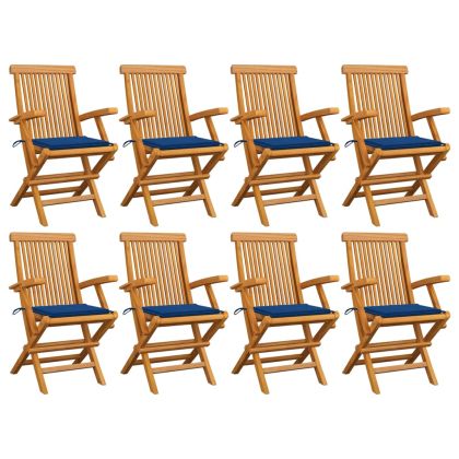 Градински столове с кралско сини възглавници 8 бр тик масив