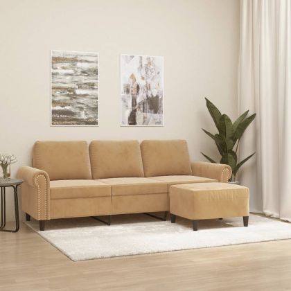 3-местен диван с табуретка, кафяв, 180 см, кадифе