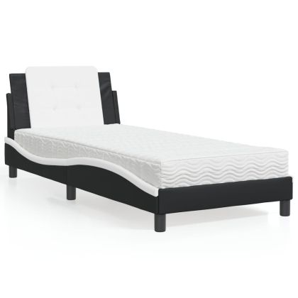 Легло с матрак, черно и бяло, 90x200 см, изкуствена кожа