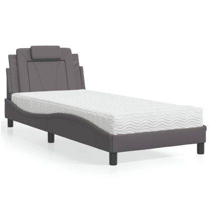 Легло с матрак, сиво, 90x190 см, изкуствена кожа