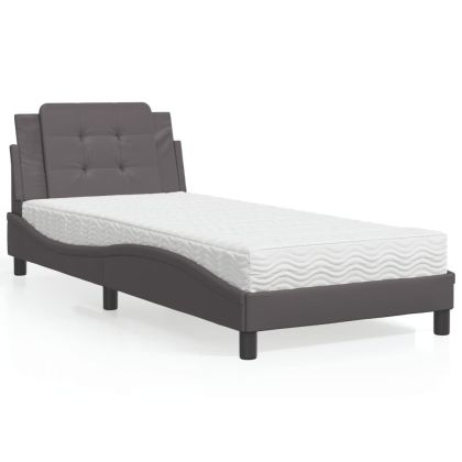 Легло с матрак, сиво, 90x190 см, изкуствена кожа