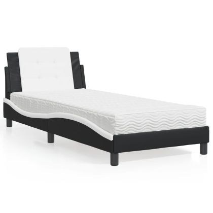 Легло с матрак, черно и бяло, 90x190 см, изкуствена кожа