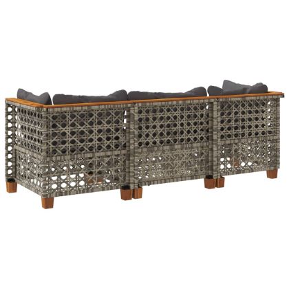 Градински диван с възглавници, 3-местен, сив, полиратан