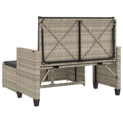 Градинска пейка с възглавници и табуретка, светлосива полиратан