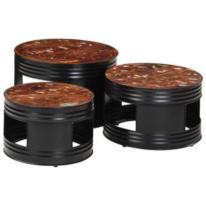 Бар маси с форма на барабан 3 бр масивна регенерирана дървесина