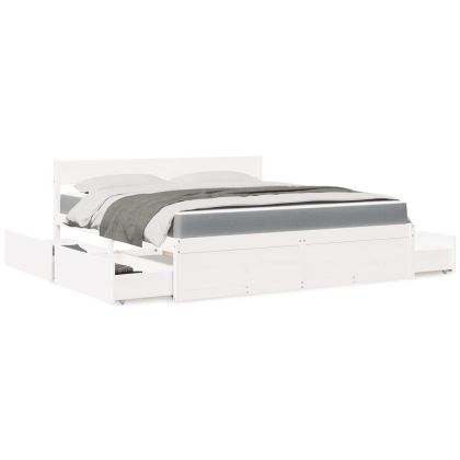 Легло с чекмеджета и матрак, бяло, 180x200 см, бор масив