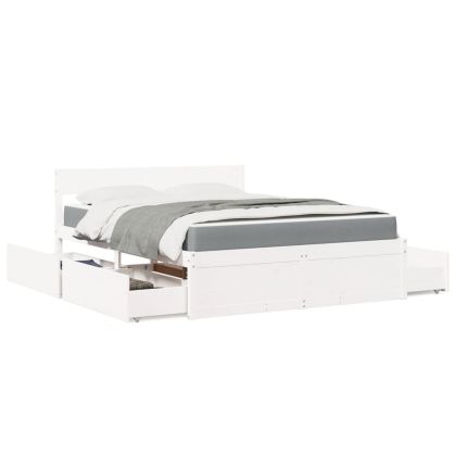 Легло с чекмеджета и матрак, бяло, 140x200 см, бор масив