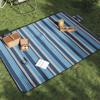 Одеяло за пикник сгъваемо синьо и бяло райе 200x150 см кадифе