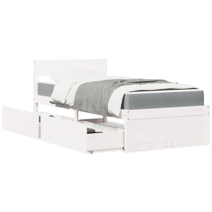 Легло с чекмеджета и матрак, бяло, 90x200 см, бор масив
