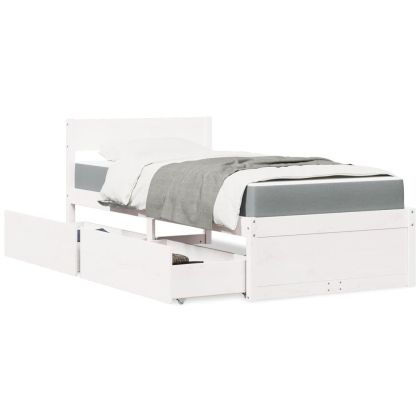 Легло с чекмеджета и матрак, бяло, 90x190 см, бор масив