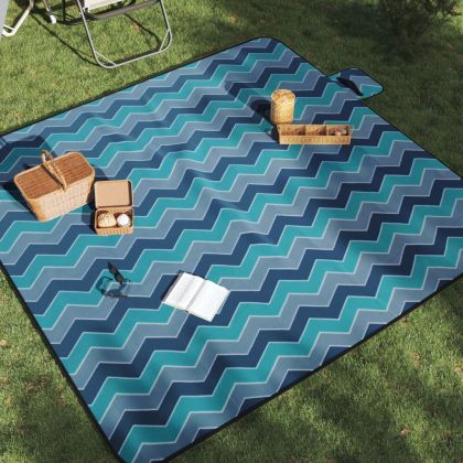 Одеяло за пикник, сгъваемо, сини вълни, 200x200 см, кадифе