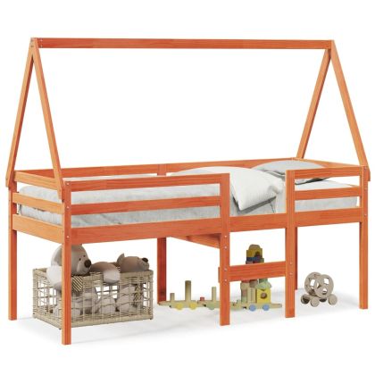 Високо легло с покрив восъчнокафяв 90x190 см борово дърво масив