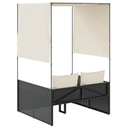 Двоен шезлонг с покрив и завеси черен полиратан