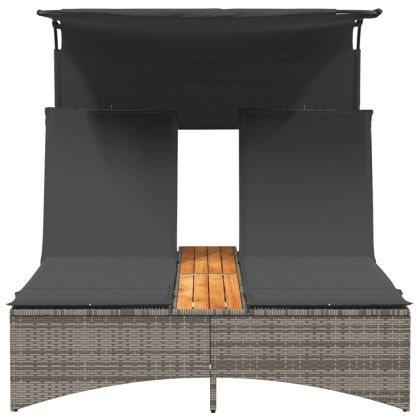 Двоен шезлонг със сенник и възглавници сив полиратан