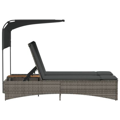 Двоен шезлонг със сенник и възглавници сив полиратан