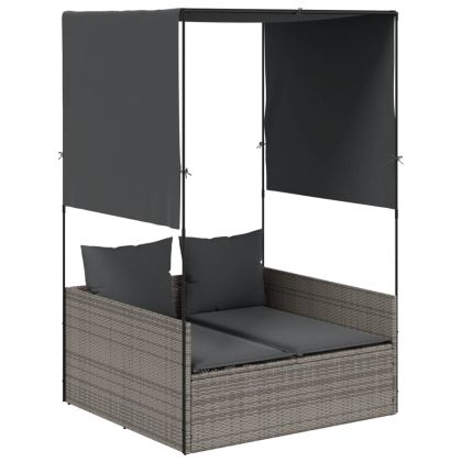 Двоен шезлонг с покрив и завеси сив полиратан