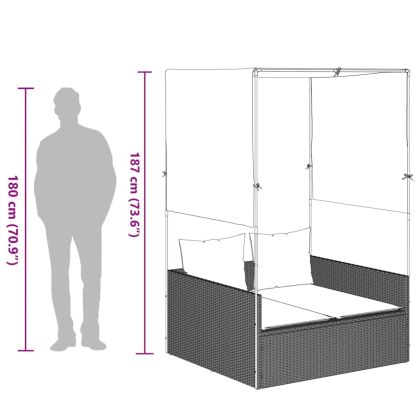 Двоен шезлонг с покрив и завеси светлосив полиратан